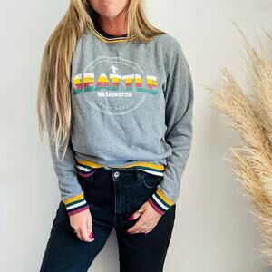 SEATTLE Space Needle Grey Gray Red Gold White Logo Stripe $85 Pullover Sweater S